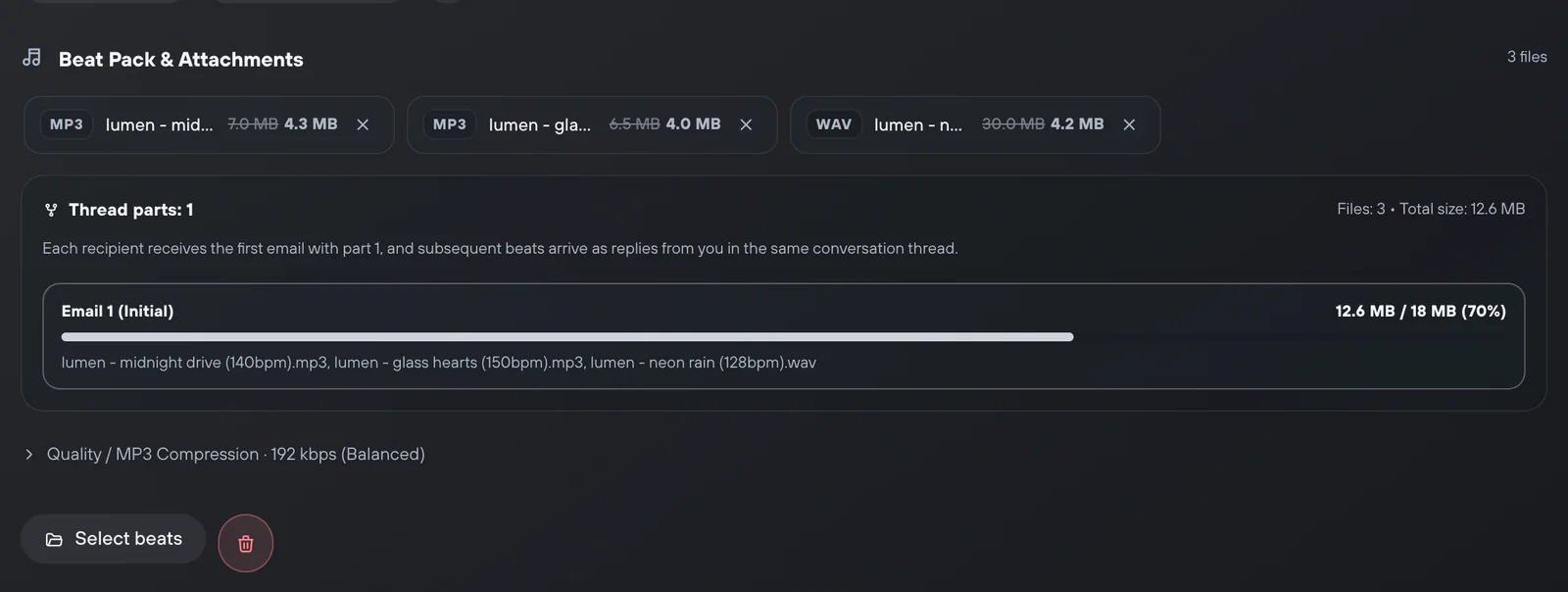 Beat Pack & Attachments: files, MP3 compression choice and the split into emails