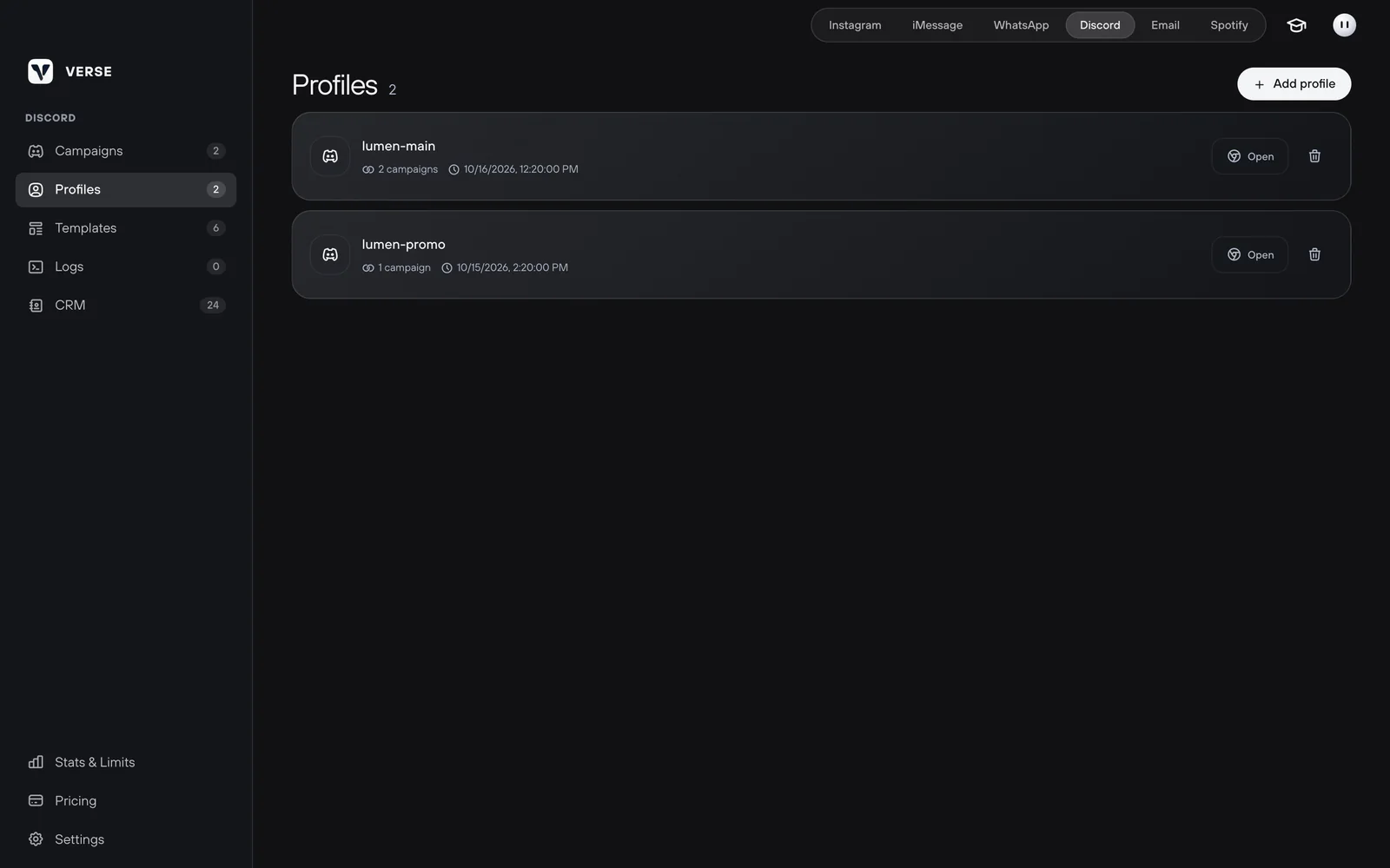Discord Profiles: a list of profiles, each with its own Chrome session