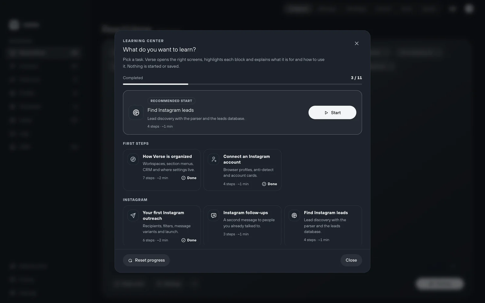 Learning center with a list of guides and completion progress
