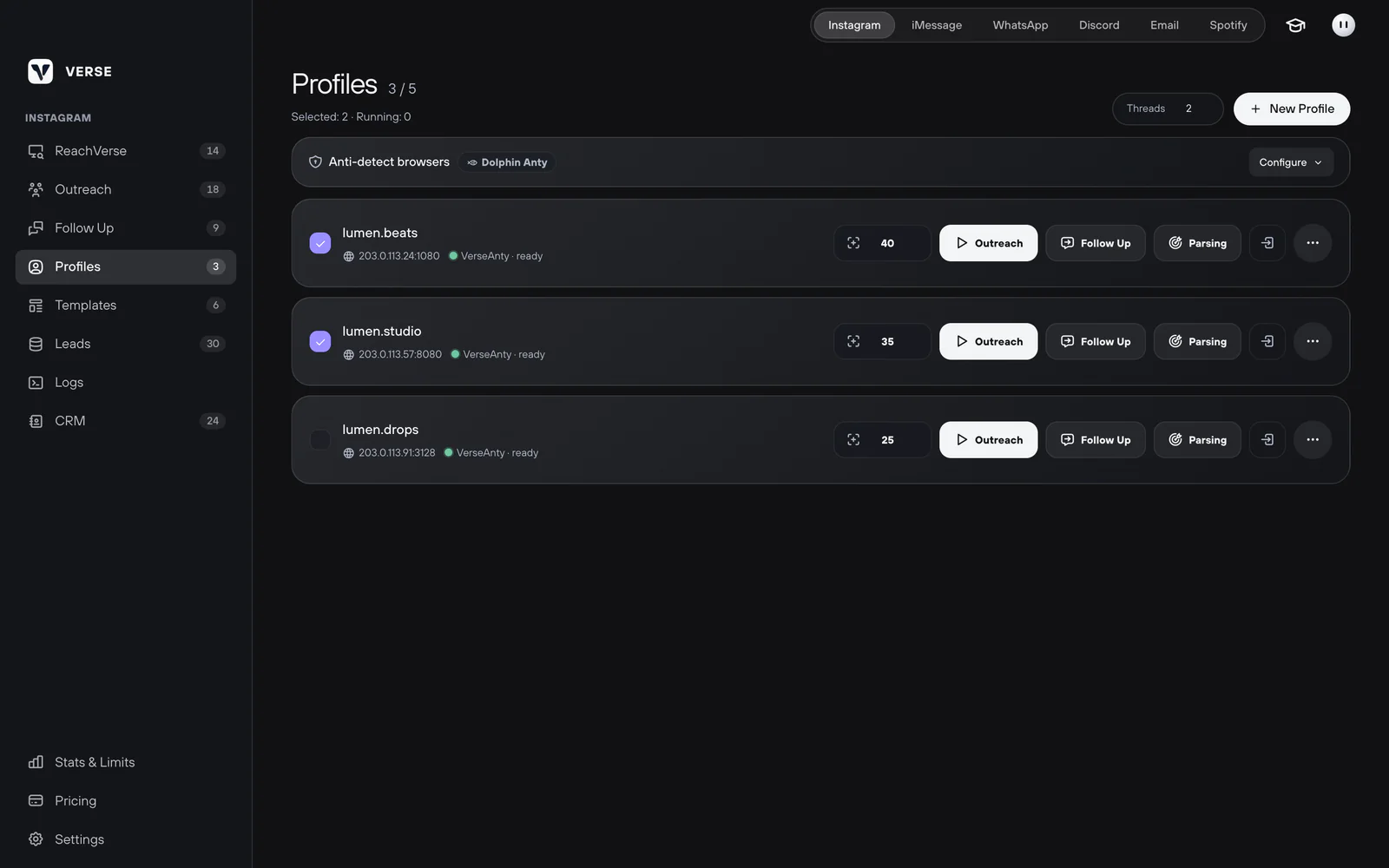 The Profiles section: Instagram profile cards and the anti-detect browsers block