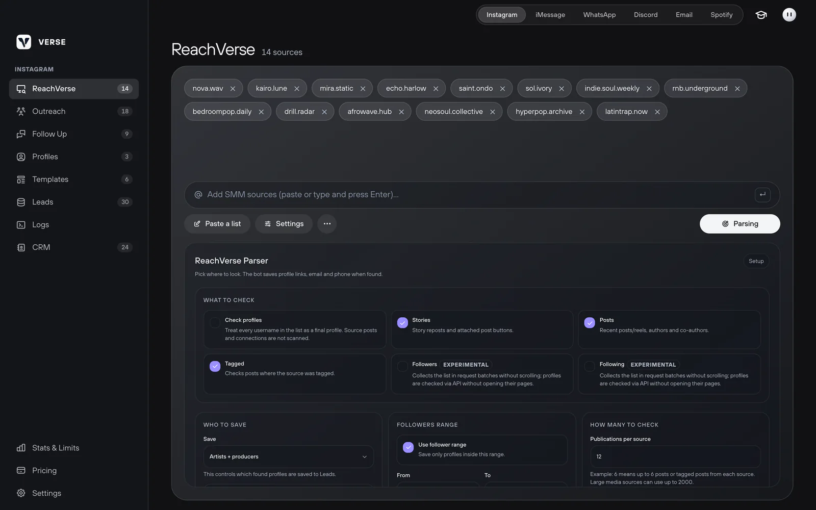 The ReachVerse screen: source list and the parser settings panel