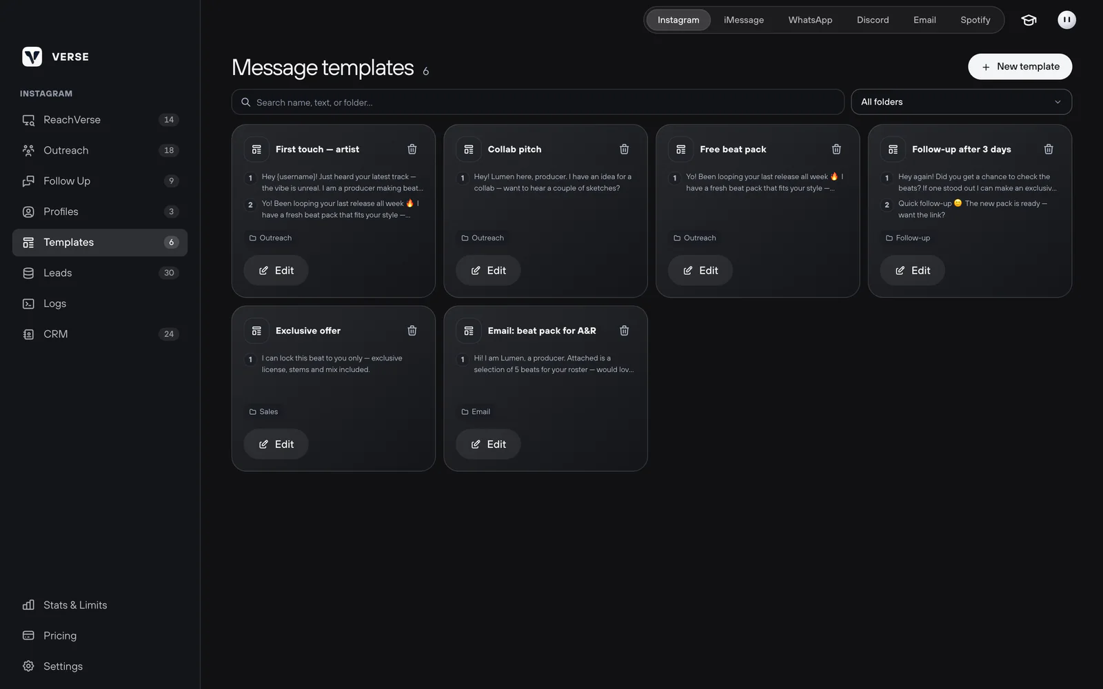 The Templates section: the template library with folders and search