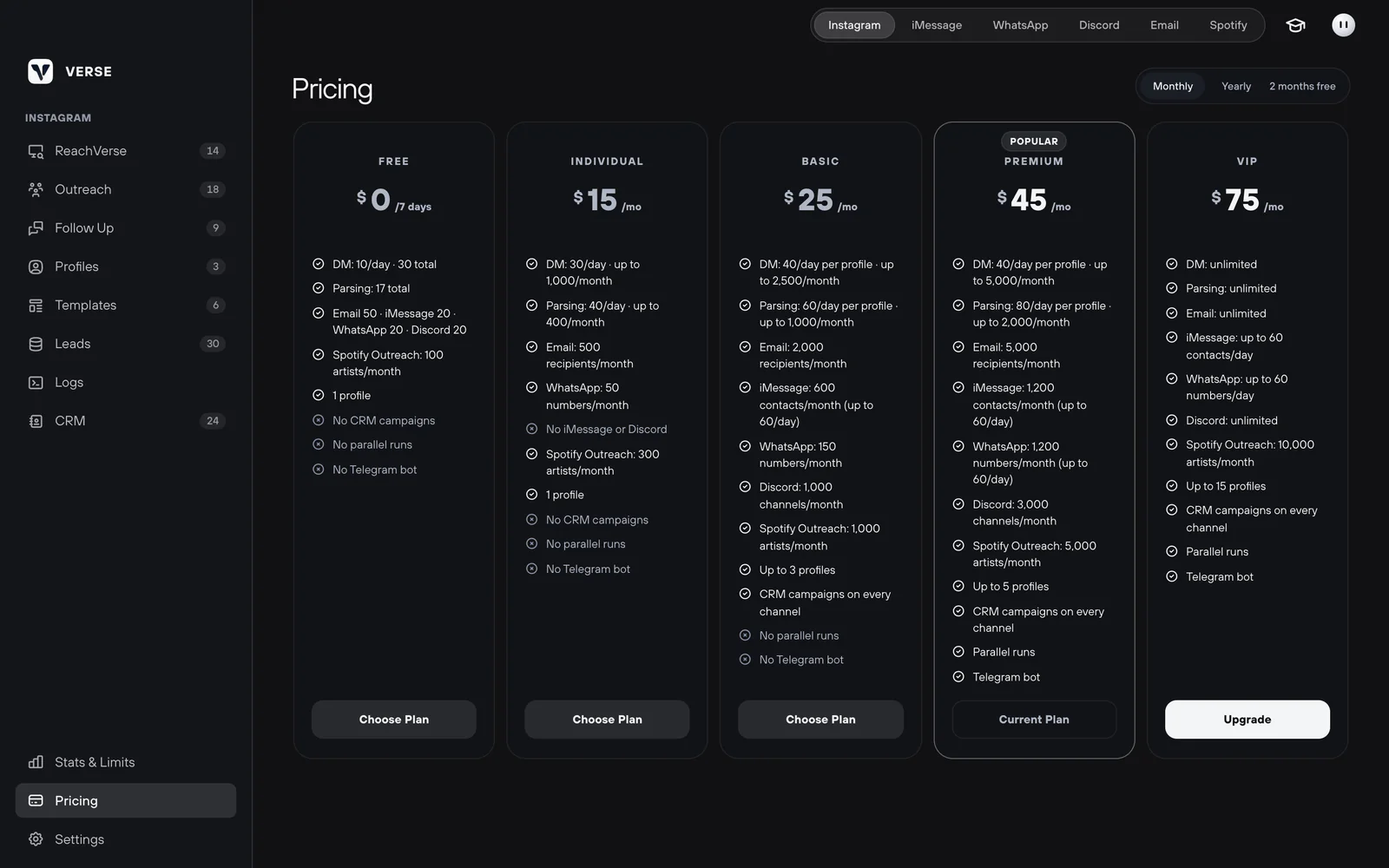 The Pricing screen in Verse: five plan cards with limits and a Monthly / Yearly toggle