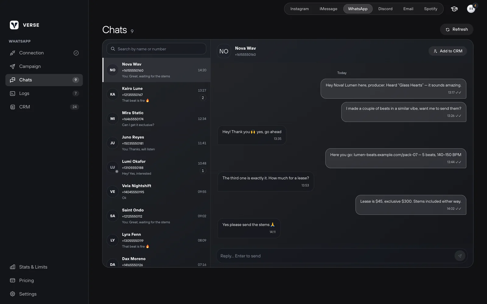WhatsApp Chats in Verse with a list of chats and a reply field