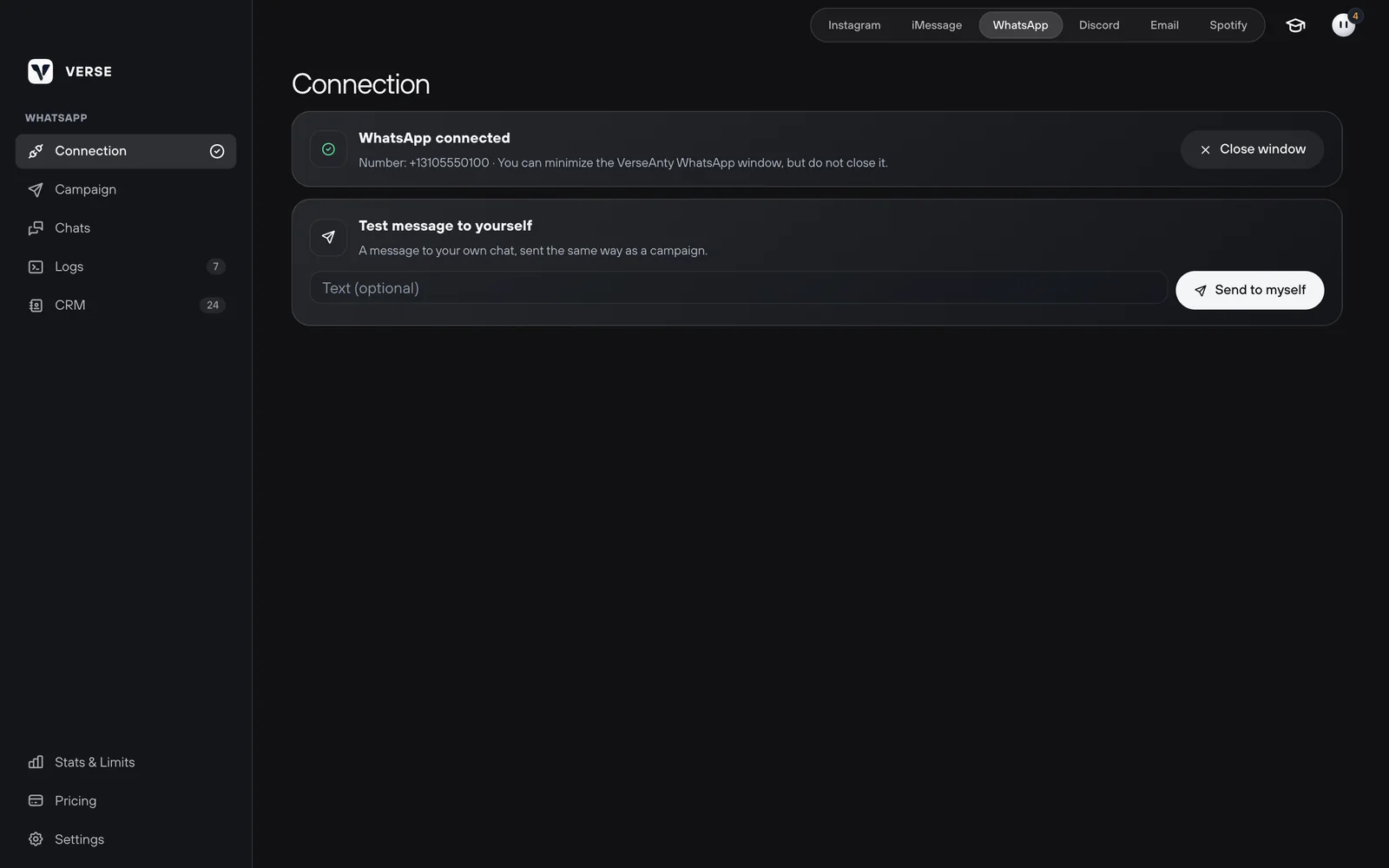 The Connection screen: WhatsApp status, the connect button and a test message to yourself
