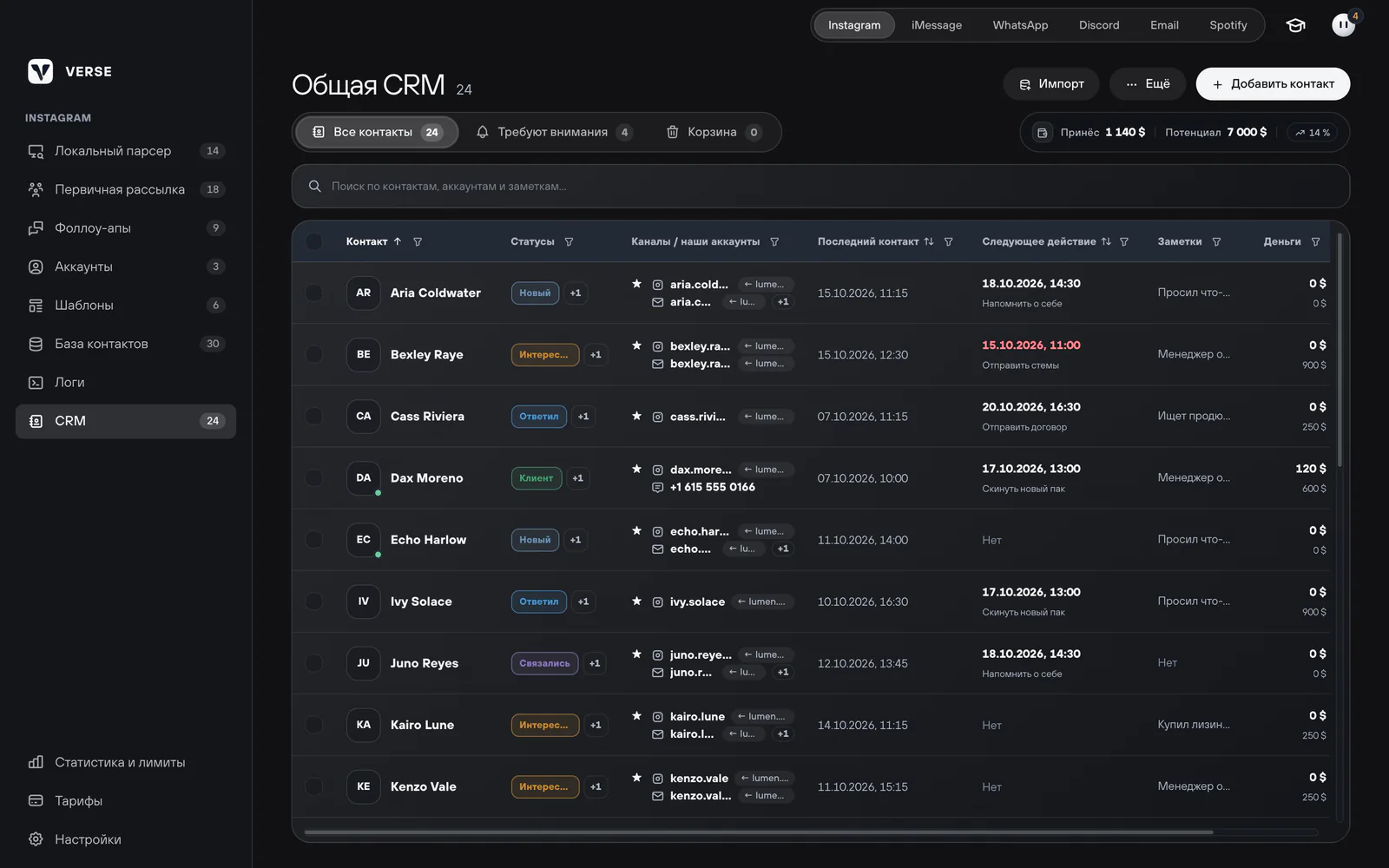 Общая CRM: таблица контактов со статусами, каналами, следующим действием и деньгами